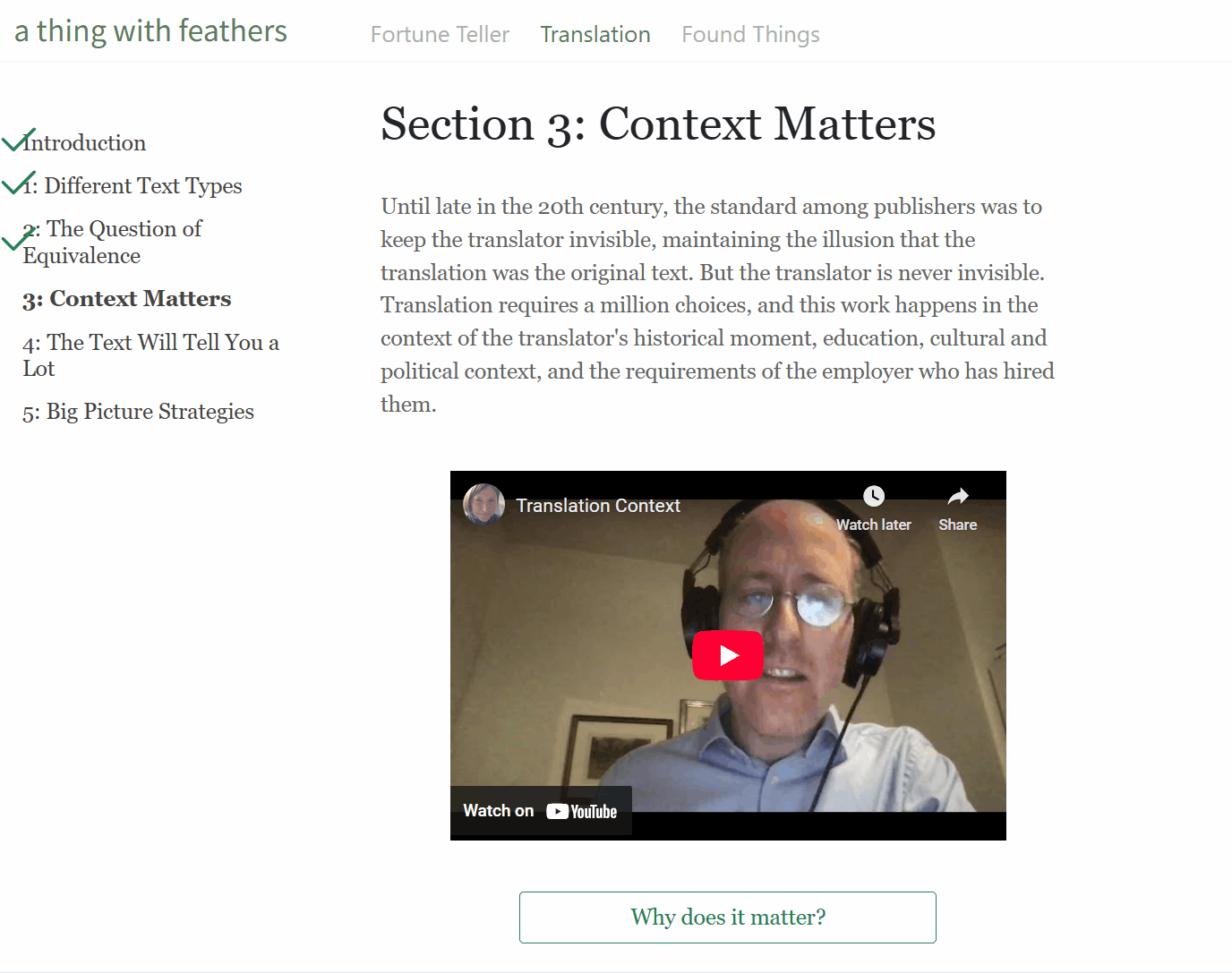 Webpage with left navigation. User clicks to reveal a translation example with audio.